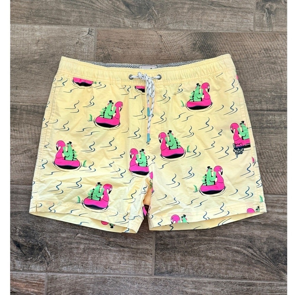 Party Pants Mens River Dino 5" Party Starter Swim Shorts,Yellow Pink,L(NWOT)
